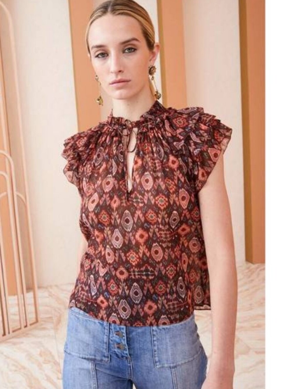 Ulla Johnson Elif Ikat Silk Blouse in Garnet,‎